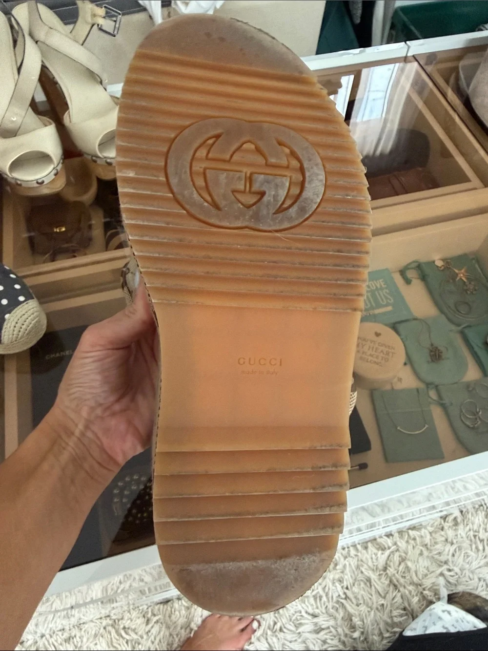 Gucci Beige GG Logo Platform Slides